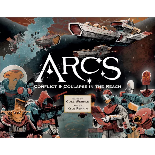 Copertina di Arcs, gioco da tavolo di fantascienza con astronavi e personaggi spaziali illustrati da Kyle Ferrin