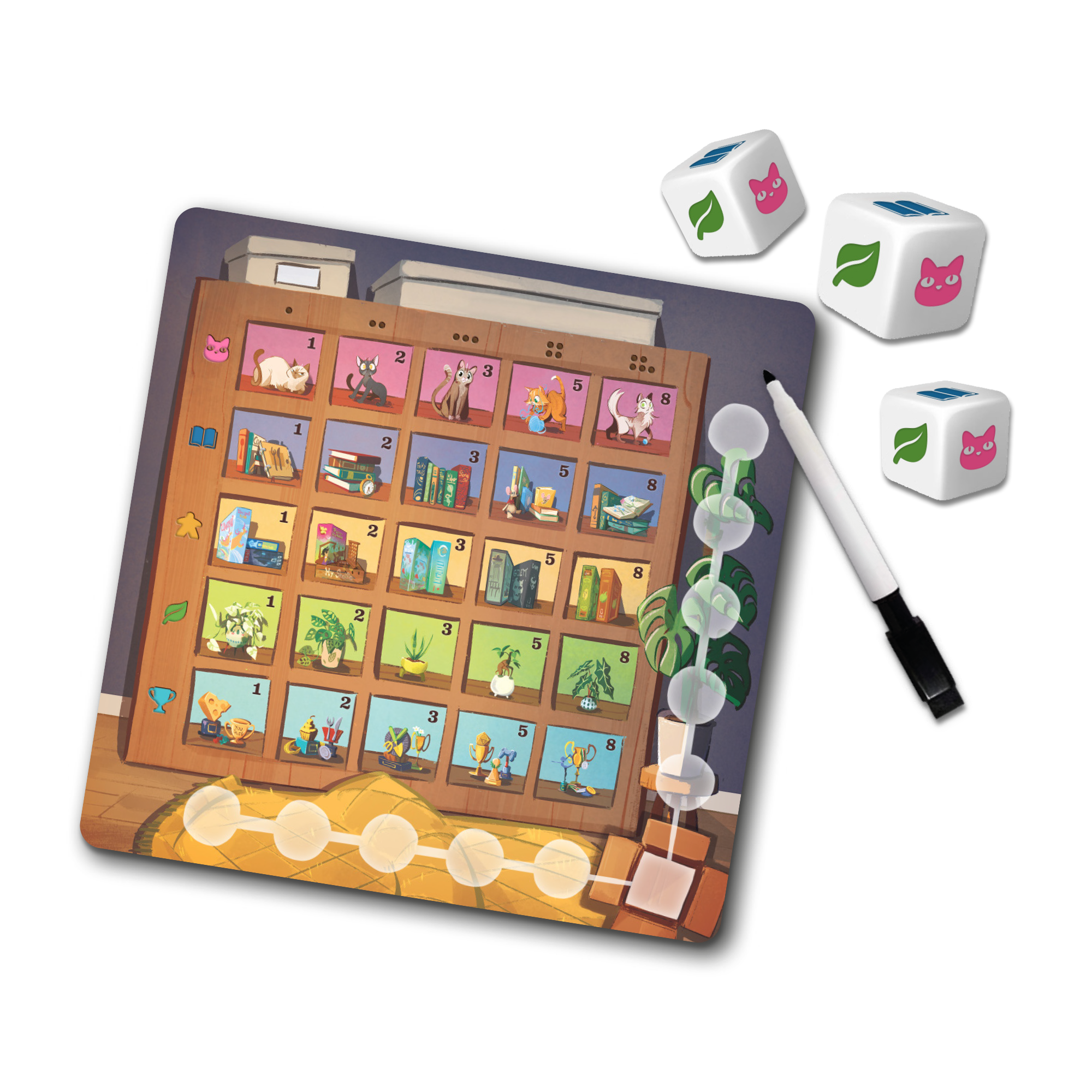 Componenti del gioco My Shelfie The Dice Game - dadi, tessere libreria e plancia giocatore su tavolo in legno