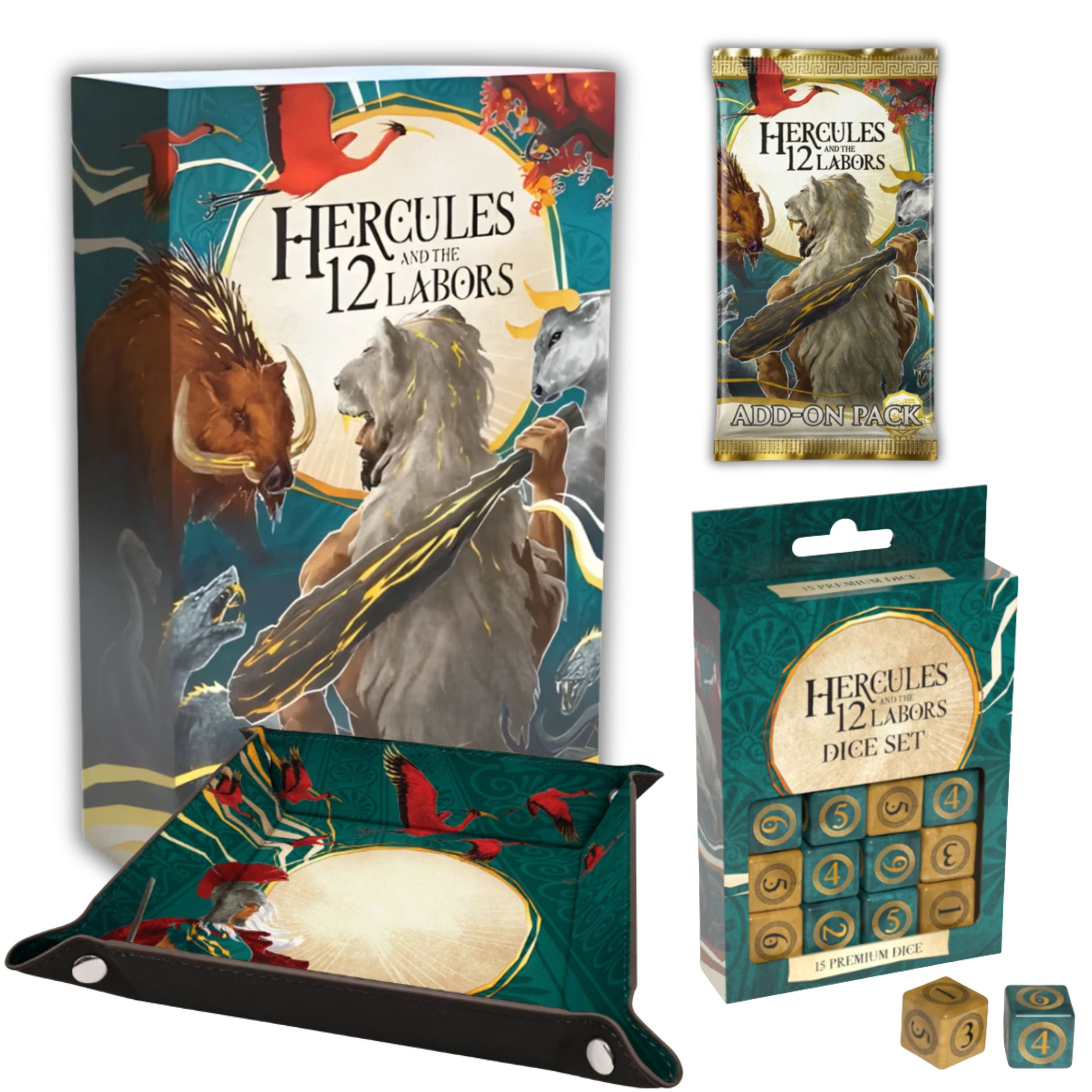 Bundle - Hercules and the 12 Labors + Add On Pack + Dice Set + Dice Tray